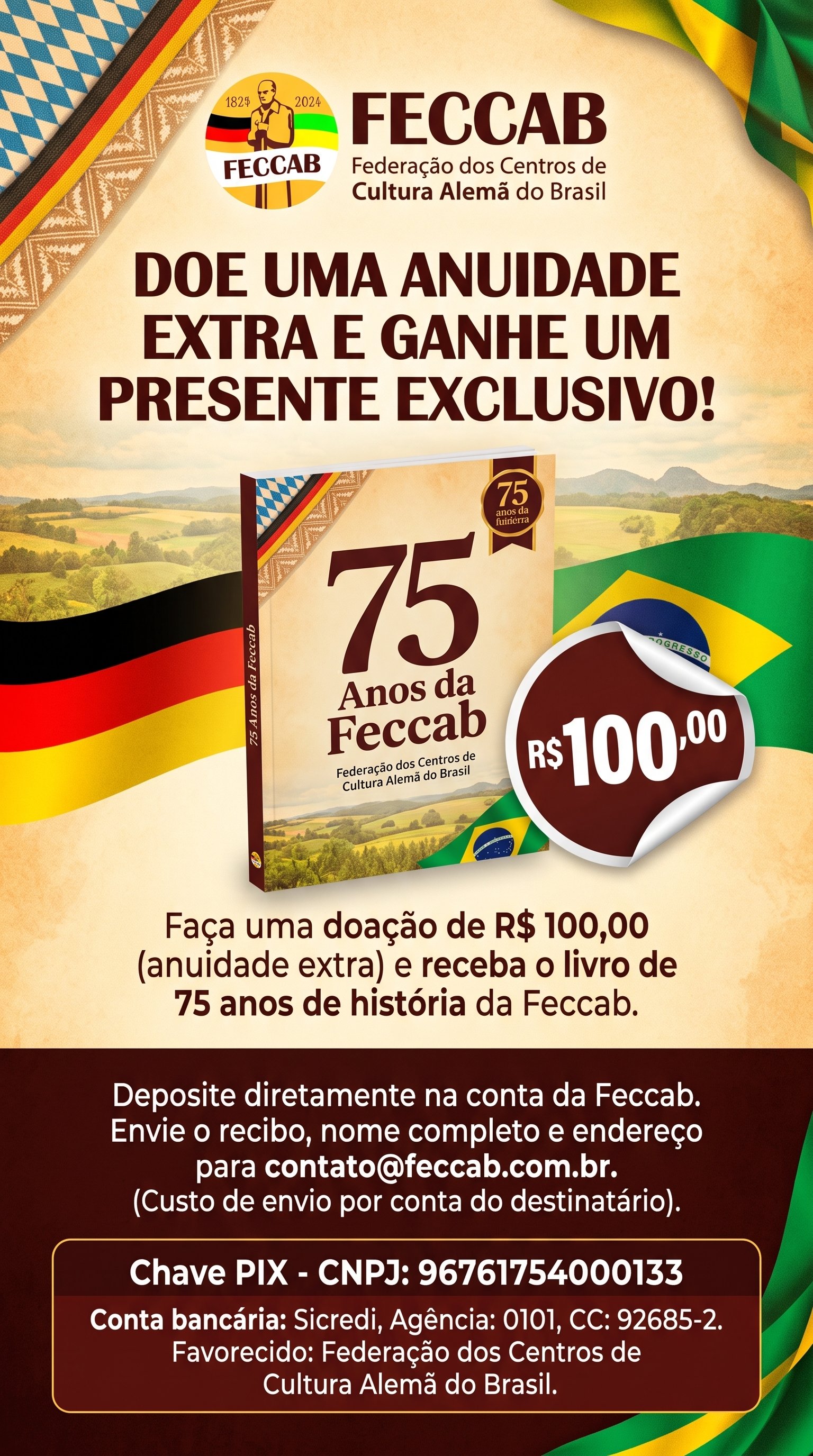 Card da campanha: doe uma anuidade extra e ganhe um presente exclusivo — dados para doação via PIX